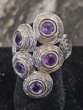 Vintage Hagit Gorali Textured Sterling Silver Amethyst Cluster Ring (Size 8 1/2)
